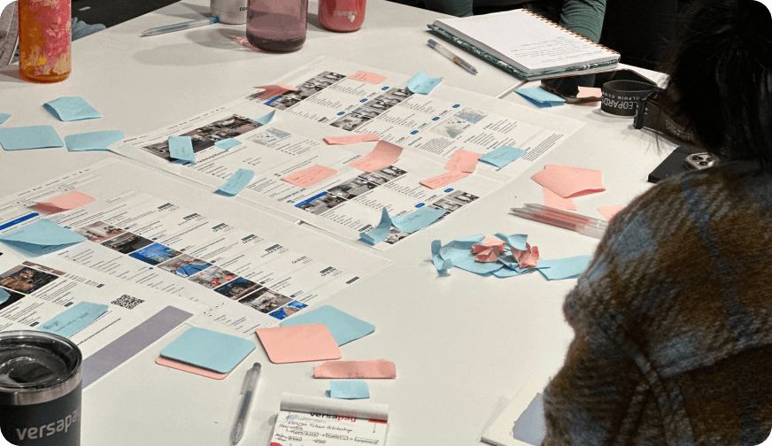 Table with post-its, charts and prints in a design session